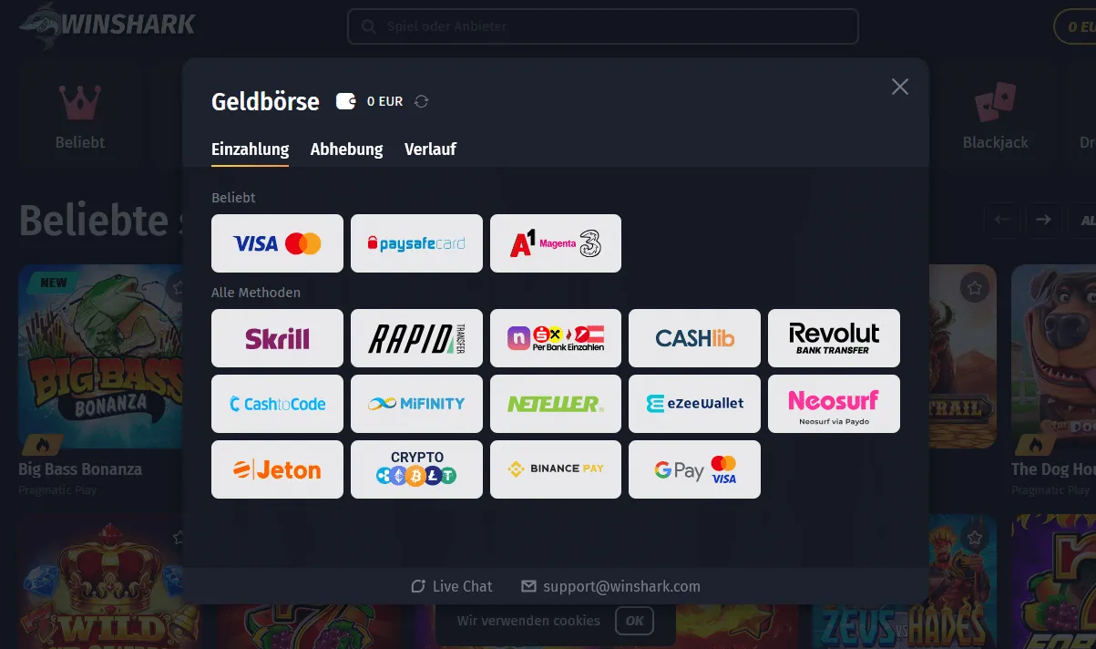 WinShark Casino Zahlung per Handyrechnung